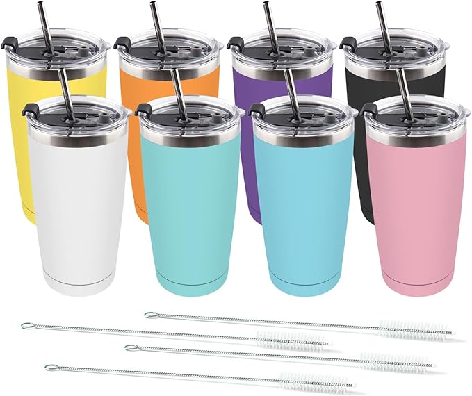 Amtidy 8 Pack 20oz Stainless Steel Tumbler with Lid, Powder Coated Vacuum Insulated Tumbler Cup, With straw and cleaning brushDouble Wall Coffee Tumbler, Powder Coated Travel Mug - Bloomnest