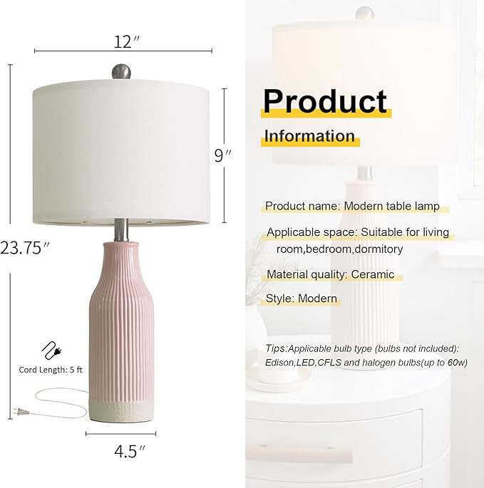 23.75inch Pink Modern Ceramic Bedside Lamp Set of 2 for Bedroom Decor Farmhouse Table Lamp for Living Room Office Dorm - Bloomnest