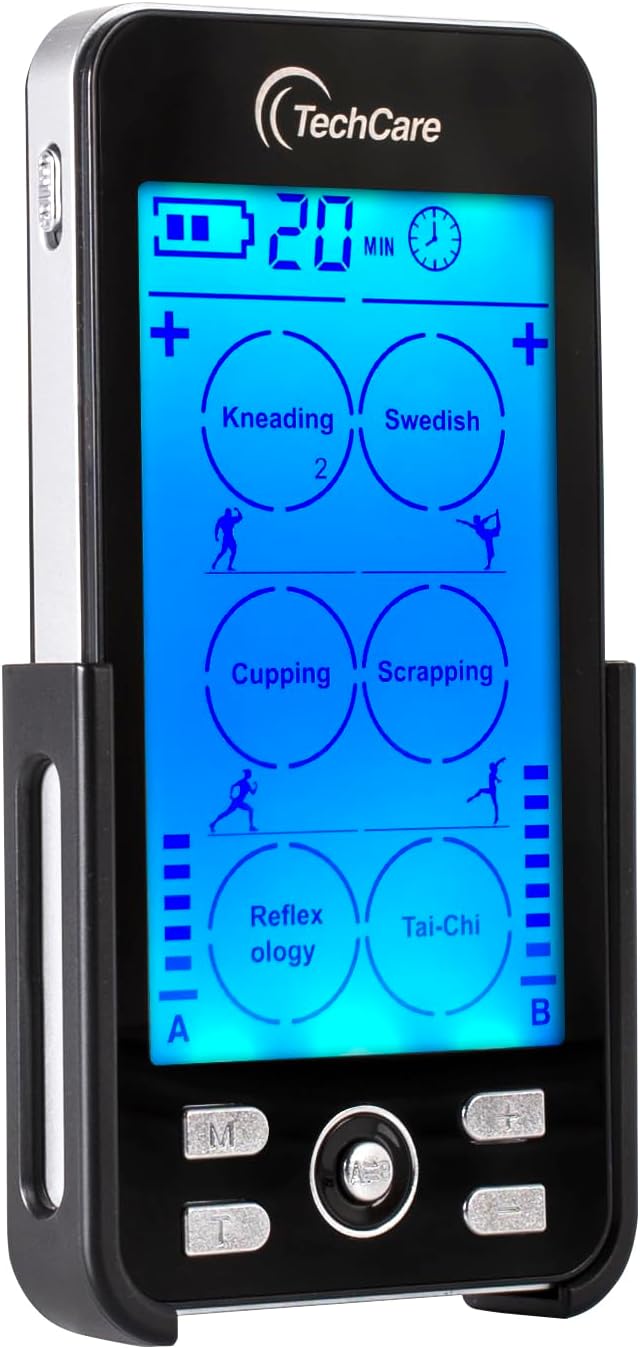 TechCare TENS EMS Muscle Stimulator – Dual Channel Rechargeable Unit with 24 Modes & 20 Intensity Levels for Pain Relief, Back & Sciatica Therapy, Muscle Recovery & Massage TechcareMassager