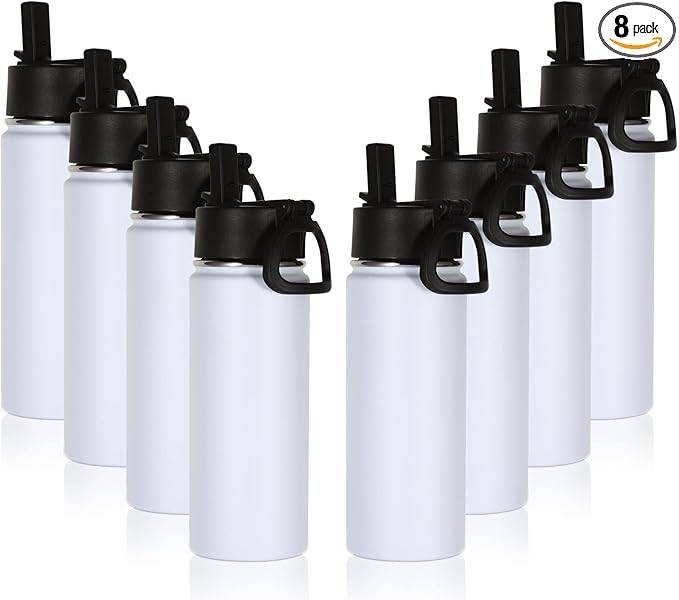 Volhoply 16 OZ Kids Water Bottle Bulk 8 Pack,Insulated Sports Bottles with Straw Lid,Stainless Steel Bottle with Handle Keep Cold & Hot,Double Wall Vacuum Tumbler Cups for School(White, 8) - Bloomnest