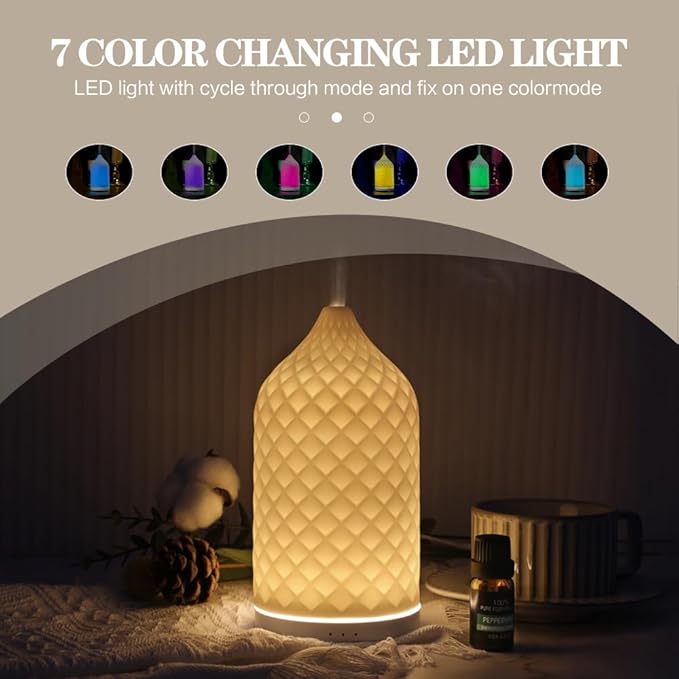 Essential Oil Diffuser for Home, Ceramic Aromatherapy Diffuser for Essential Oils, 120ml Oil Diffuser with Waterless Auto-Off and 7 LED Lights for Large Room Yoga Spa (White) - Bloomnest