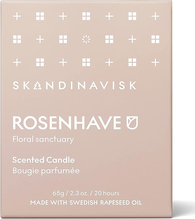 Skandinavisk ROSENHAVE 'Rose Garden' Mini Scented Candle. Fragrance Notes: Alba Rose and Elderflower, Geranium and Blackcurrant Buds. 2.3 oz. - Bloomnest