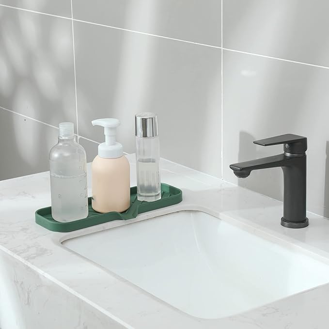 Silicone Bathroom Soap Dishes with Drain Spout-Bathroom and Kitchen Sink Organizer,Sponge Holder,Dish Soap Tray,Perfect for Dispenser,Scrubber,Bottle,Cup on Sink or Counter-Green 12"×4" - Bloomnest