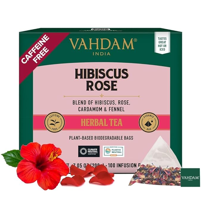 VAHDAM, Hibiscus Rose Tea Bags - 100% Whole Hibiscus Flowers Herbal Tea Bags (100 Count) With Rose, Chamomile & Exotic Spices | Caffeine Free, Floral Flavor Tisane | Resealable Ziplock Pouch - Bloomnest