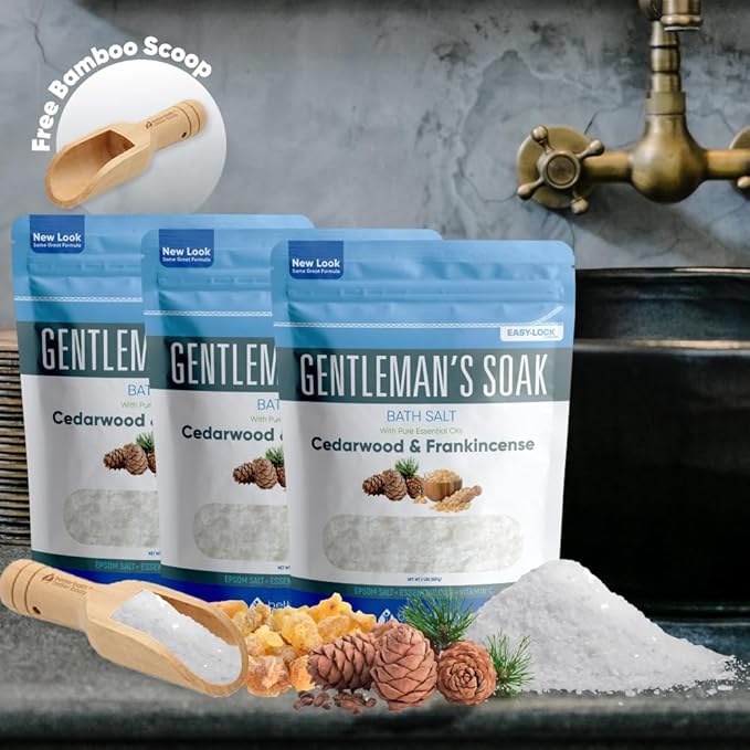 Gentleman's Bath Salt (3-Pack Plus Scoop) Bath for Men with Pure Essential Oils in BPA Free Pouch with Press-Lock Seal Made in USA 3-Pack of 2-lbs, 6-lbs Total - Bloomnest