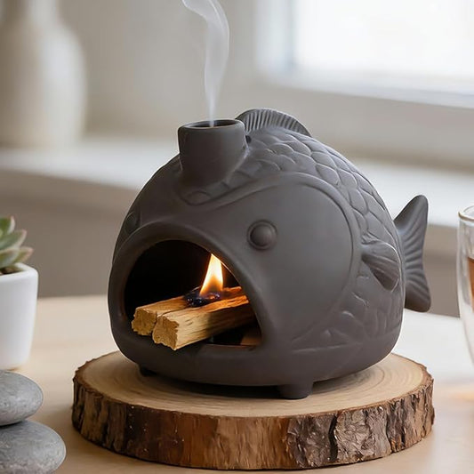 Handmade Black Fish-Shaped Palo Santo Holder - Charming Sage Burner for Cone Incense & Chiminea with Chimney - Thoughtful Gift for Energy Cleansing, Yoga, Spa, Altar Decor & Aromatherapy MOUGIGI