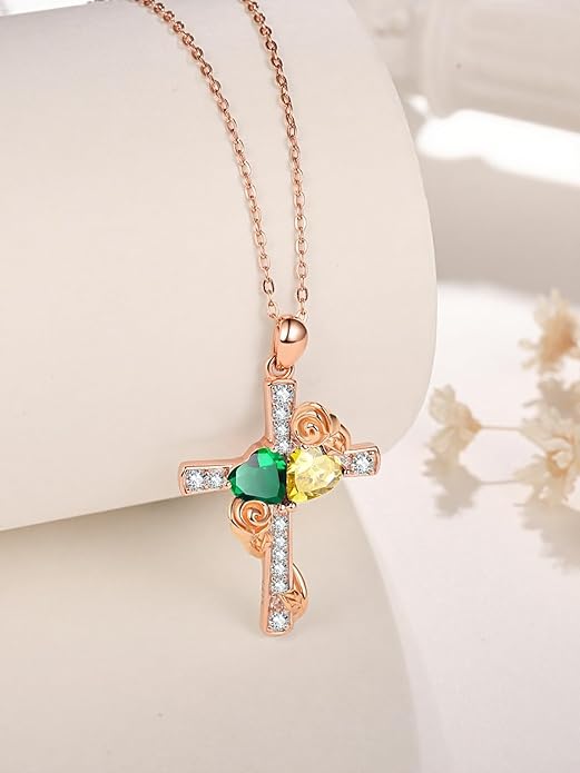 Rose Gold Dual Birthstones Cross Necklace for Women Rose Flower Jewelry Anniversary Christmas Mother's Valentine's Day Birthday Gift for Wife Girlfriend Mom - Bloomnest