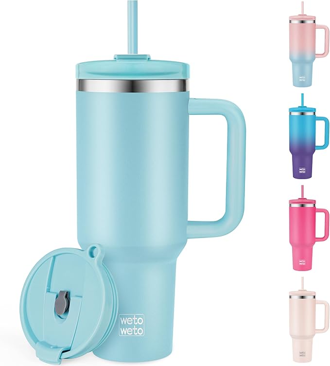 WETOWETO 40oz Tumbler with Handle and Lid | 100% Leakproof Insulated Stainless Steel Travel Mug | Keeps Cold 34Hrs/Hot 10Hrs | Dishwasher Safe, Fits Car Cup Holder (Sky Blue Color) - Bloomnest