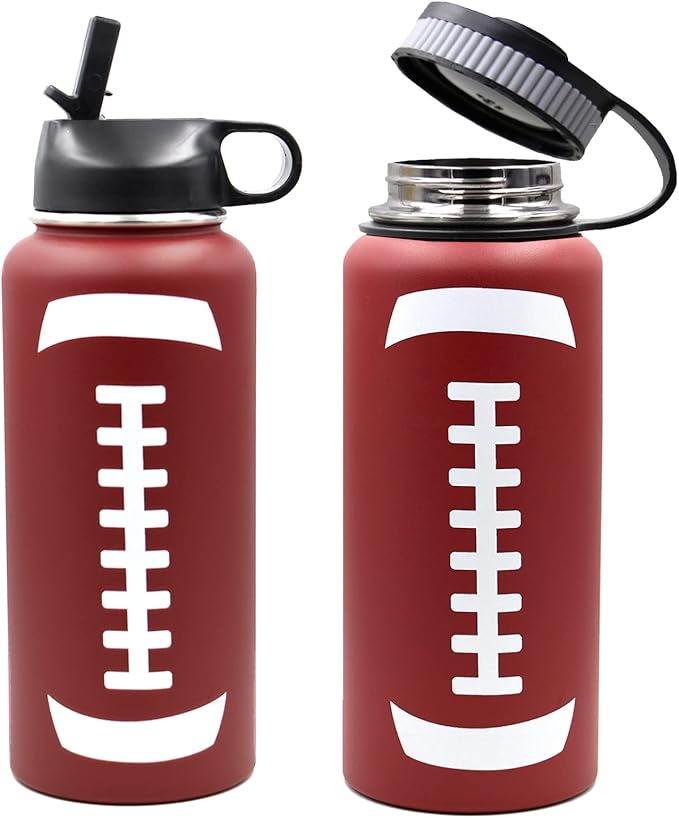 32 oz Football Water Bottle with Straw, Wide Mouth Sports Flask Metal Travel Tumbler with 2 Lids, Stainless Steel Double Wall Vacuum Insulated Thermo Water Bottles, Football Gear Gifts for Boys Girls - Bloomnest
