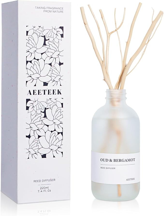 Oud Bergamot Reed Diffuser, 7.4oz(220ml) Orange & Cedar Wood Essential Oils, Air Freshener for Bathroom with Willow Branches Decor, Long Lasting Fragrance for Home, Office (1-Pack) AEETEEKHOMEFRAGRANCE