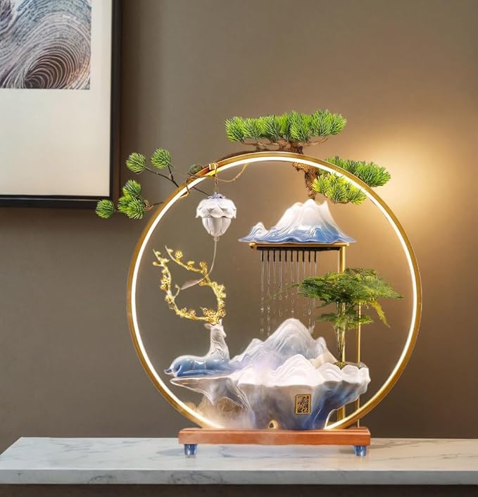 Desk Waterfall Fountain Indoor Ceramic Deer Sculpture,Tabletop Mini Water Fountain with Mist，Adjustable LED Light Ring and Backflow Incense Burner Holder(PQLU001) - Bloomnest