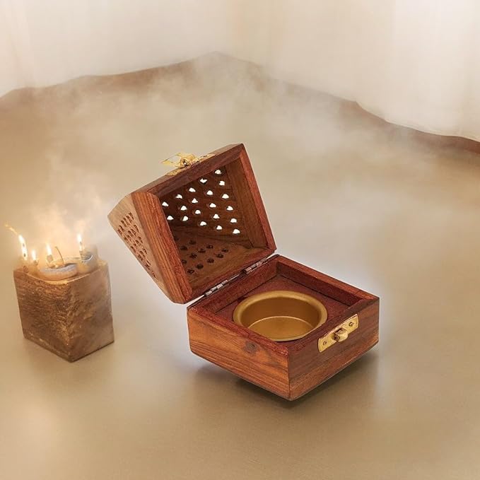 Bless-International Traditional-Handmade-Burner Wooden-Incense-Stick-Holder Ash-Catcher-Stand for-Aromatherapy-Meditation-Yoga (5 Inch Temple Wooden Charcoal/Cone) - Bloomnest