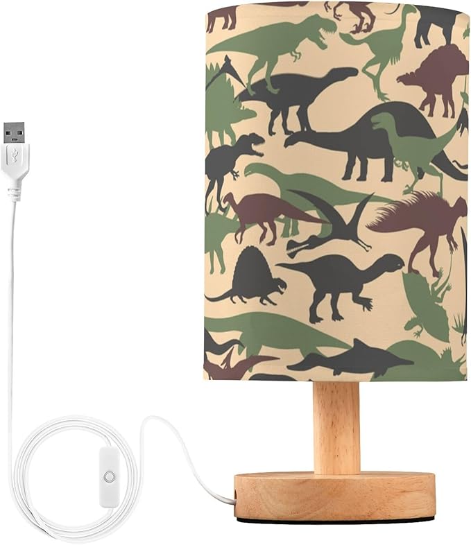 Table Lamp Army Camouflage Dinosaur Pattern Military Camo Nightstand Lamp with Wood Base Fabric Lamp Shade Bedside Desk Lamp for Living Room Bedroom Kids Room Office - Bloomnest