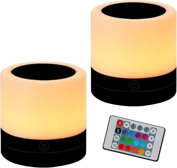 Nursery Night Light for Kids, USB Rechargeable Small Desk Lamp,13 RGB Colors & 4 Brightness & 1 Remote, Touch Bedside Cordless Table Lamp, Portable Night Lamp for Bedroom Living Room (2 Pack Black) - Bloomnest