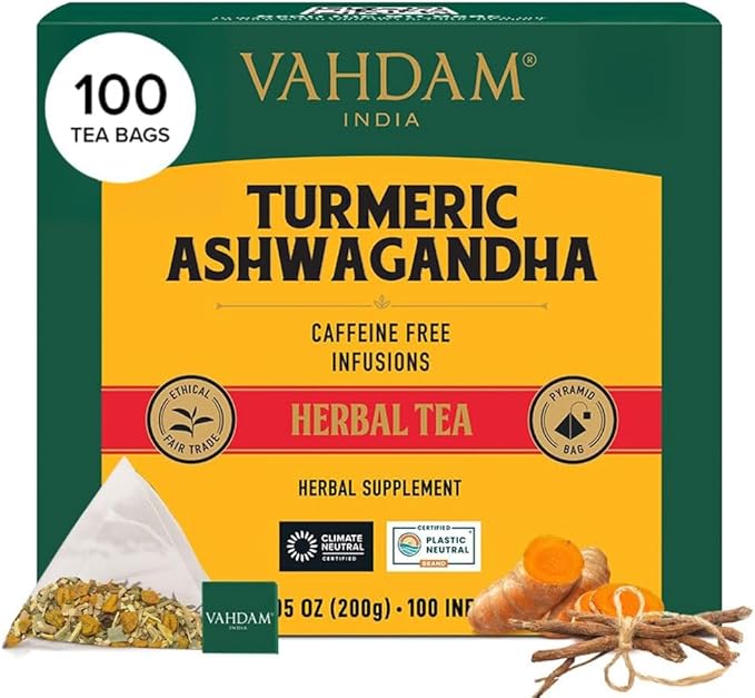 VAHDAM, Turmeric Ashwagandha Herbal Tea Bags (100 Count) Caffeine Free, Non GMO, Gluten Free | 100% Pure Herbal Blend - Sweet & Earthy | Whole Leaf Tea Bags | Resealable Ziplock Pouch - Bloomnest