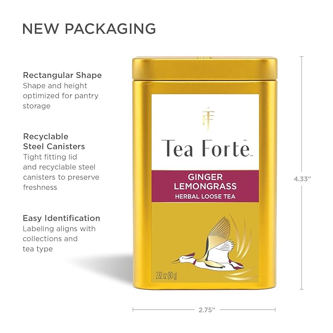 Tea Forte Ginger Lemongrass Premium Loose Leaf Caffeine-Free Herbal Tea Blend Canister, Makes 35-50 Cups - Bloomnest