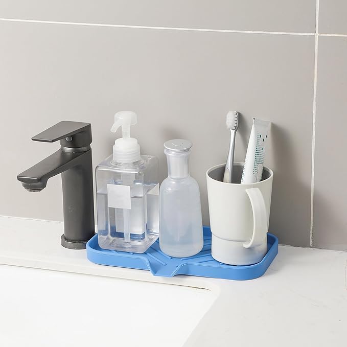 Silicone Bathroom Soap Dishes with Drain Spout Bathroom and Kitchen Sink Organizer,Sponge Holder,Dish Soap Tray,Perfect for Dispenser,Scrubber,Bottle,Cup on Counter Lichen Blue 9.6"×5.3" - Bloomnest