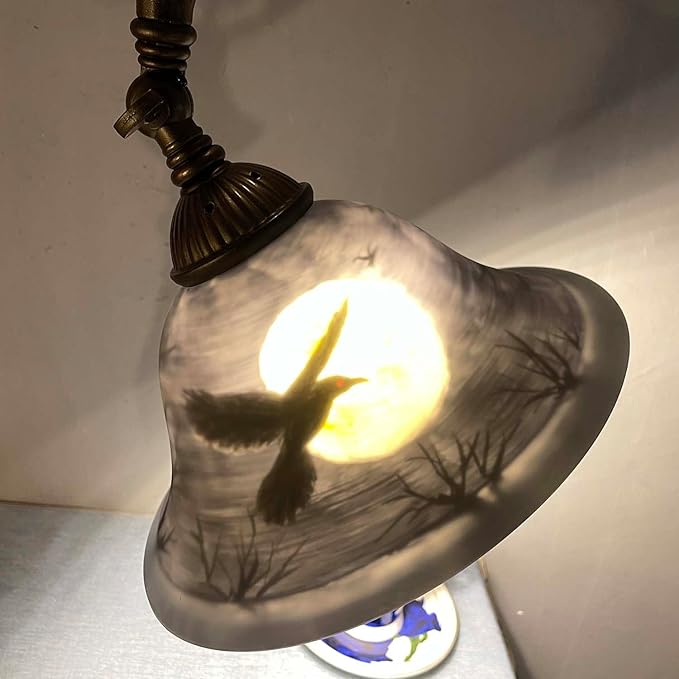 Bieye L13006 Hand-Painted Raven Table Lamp, Bridge Arm Desk Lamp with Adjustable Shade for Halloween Home Decor (Dark Blue, 21.7" H Bridge Arm)