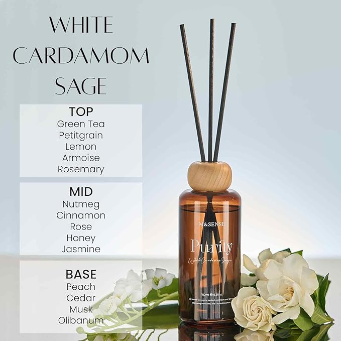 M&SENSE Reed Diffuser Set, White Cardamom Sage Scented 6.3 fl oz Natural Essential Oil Diffusers with Sticks, Non-Toxic Organic Air Freshener, Long-Lasting Fragrance Oils for Home Bathroom Kitchen MSENSE
