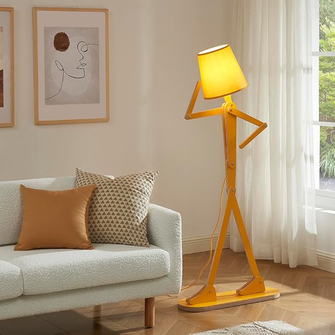 Cool Mini Wood Floor Lamp for Living Room Bedroom Farmhouse - Corner Decorative Reading Standing Light Creative Swing Arm Arc Design Gift for Kids Room (Egg Yellow) - Bloomnest