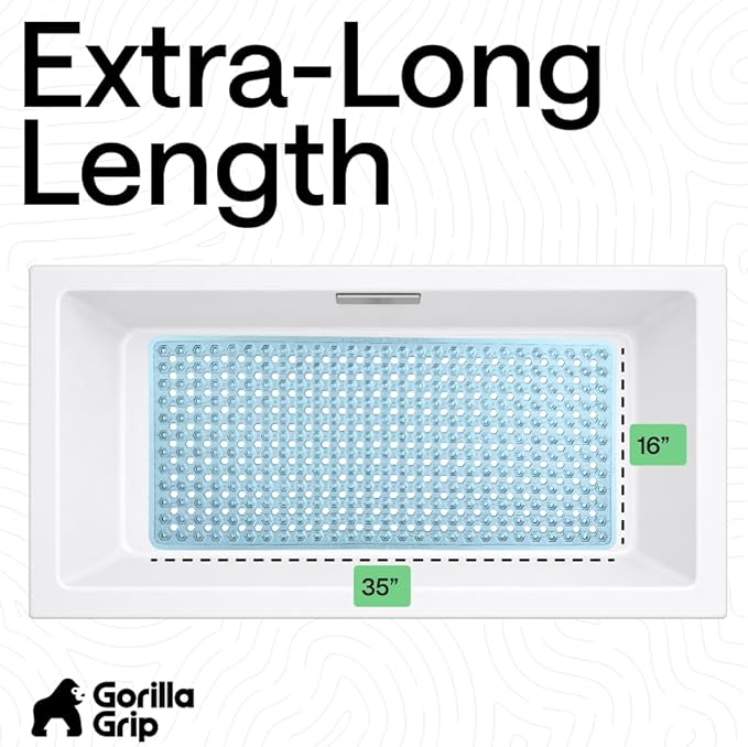 GORILLA GRIP Patented Bath Tub Shower Mat, Machine Washable Bathtub Floor Liner Mats, Suction Cups and Drain Holes to Keep Tubs Clean, Soft on Feet, Bathroom Essentials, 35x16 Inch, Clear Blue - Bloomnest