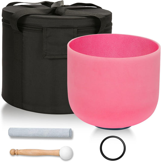 432HZ 8 Inchs C Note Red Frosted Crystal Singing Bowl for Meditation Healing Yoga Chakra Quartz Crystal Sound Bowls with Heavy Duty Carry Case and Rubber Mallet,Suede Striker,O-rings