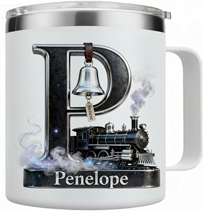 Personalized Polar Express Mug with Believe Bell & Custom Name - 14oz Insulated Hot Chocolate Tumbler with Lid - Magical Christmas Train Gift for Kids, Family (B69) - Bloomnest