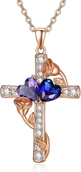 Rose Gold Dual Birthstones Cross Necklace for Women Rose Flower Jewelry Anniversary Christmas Mother's Valentine's Day Birthday Gift for Wife Girlfriend Mom - Bloomnest