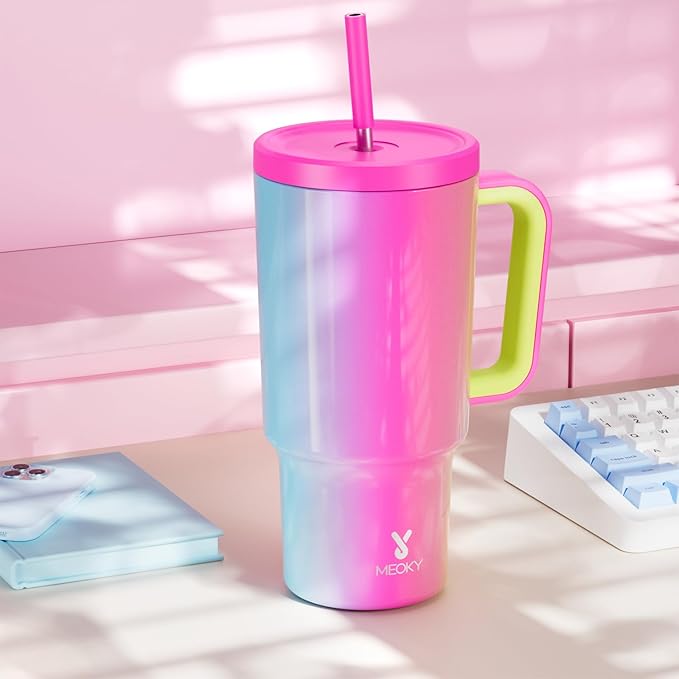 Meoky 30 oz Tumbler with Handle, Tumbler with Lid and Straw, Insulated Stainless Steel Travel Mug, 100% Leak-proof, Cupholder Friendly, Keeps Cold for 24 Hours or Hot for 8 Hours (Carnival) - Bloomnest