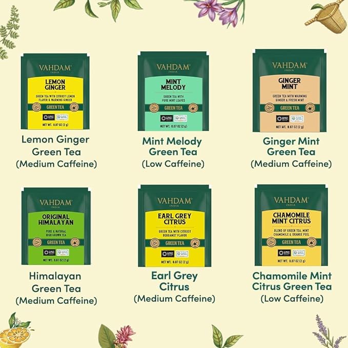 VAHDAM, Green Tea Variety Pack Sampler Assortment (36 Pyramid Tea Bags, 6 Flavor) | Non-GMO Project Verified Himalayan Green Tea with No Artificial Ingredients | Valentines Day Gifts for Him & Her