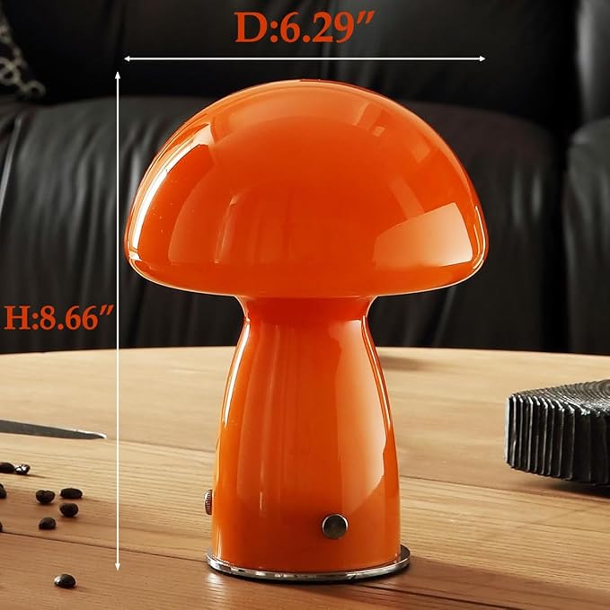 Cute Mushroom Lamp with Glass Lampshade,Small Orange Table Light,Dimmable Led Bedside Lamp,Mid Century Modern Desk Light for Living Room Bedroom - Bloomnest