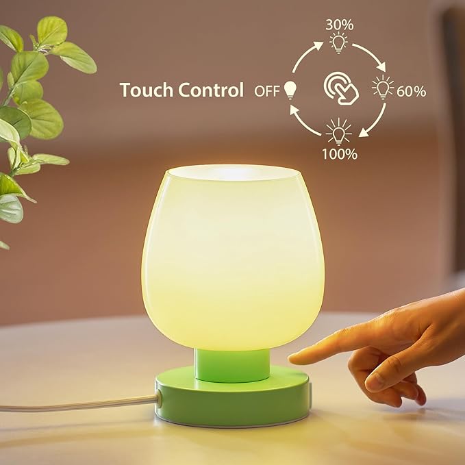 Touch Bedside Table Lamp with USB Charging - Modern Green Small Lamp for Bedroom Living Room Nightstand, Desk lamp with Glass Lamp Shade, Warm LED Bulb Included, 3 Way Dimmable, Simple Design - Bloomnest