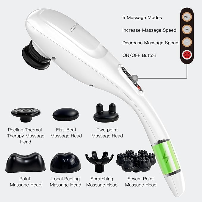 MEGAWISE Cordless Back Massager for Shoulders, Waist, Legs, Rechargeable 3200mAh Battery, 5 Speed and 5 +2 Massage Nodes 5 Hard, 2 Silicone Nodes, Massage While Moving Around (Off White Cordless) - Bloomnest