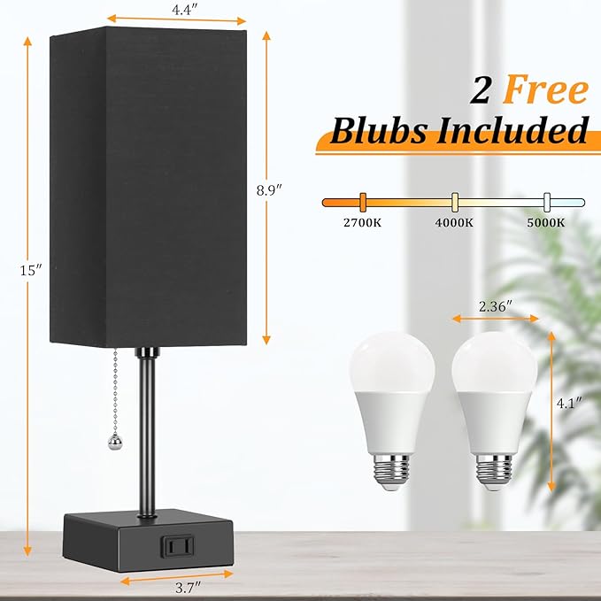 Table Lamp for Bedroom set of 2,3-Color Bedside Lamps with Pull Chain Table Lamps for Nightstand with AC Outlets, Night Light Lamps with 2 Bulbs Lamps for Living Room Kids Office Decor（Black） - Bloomnest