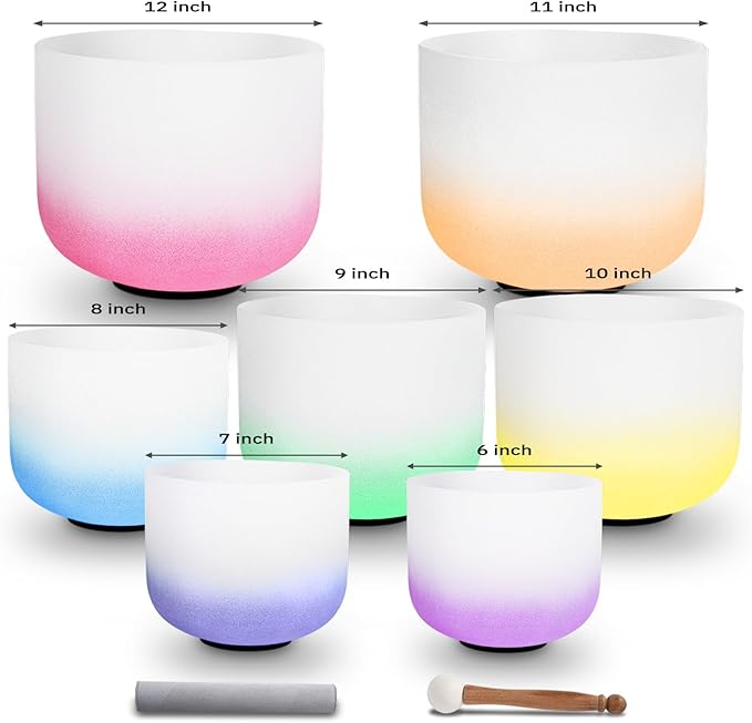 Leize Chakra Tuned 432hz Set of 7 Gradient Color Quartz Crystal Singing Bowls 6-12 inch with Heavy Duty Carrying Cases and Singing Bowl Mallets