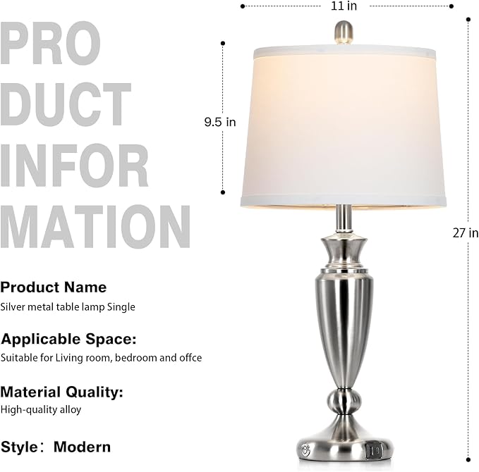 27" Silver Table Lamps for Living Room Single, 3 Way Touch Control Bedside Lamps with USB A+C Ports, Modern Brushed Nickel Bedroom Lamp, Metal Tall Lamp for Nightstand Desk Side Table Office - Bloomnest