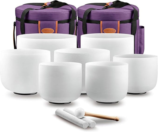 RYAN DVAN 432Hz 6-12 Inch Crystal Singing Bowl Set of 7 with Free Carrying Case, Frosted Quartz Sound Bowls for Chakra Healing, Meditation,Yoga,Sound Therapy,Mindfulness,Relaxation & Stress Relief - Bloomnest