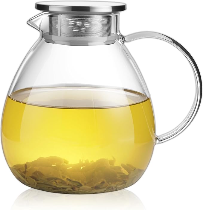 68OZ/2000ML One Touch Glass Teapot with Stainless Steel Filter Lid, Stovetop & Microwave Safe Tea Maker Water Kettle, Strainer & Cover 2 in 1 Loose Leaf Tea Steeper Pot Coffee Carafe - Bloomnest