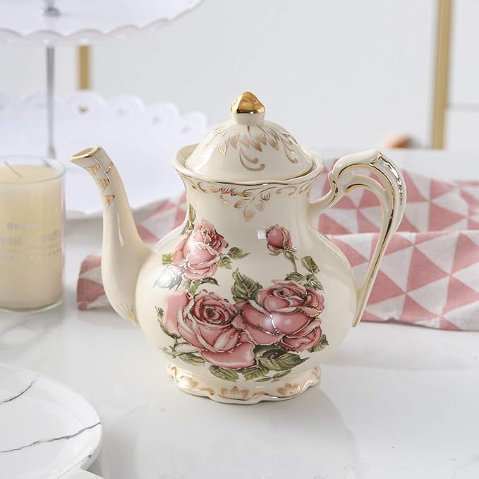 YOLIFE Porcelain Tea Set Vintage Rose, Tea Cups with Teapot, Serving Tray and Teaspoon Service for 4, Suitable for Tea Party Gifts - Bloomnest