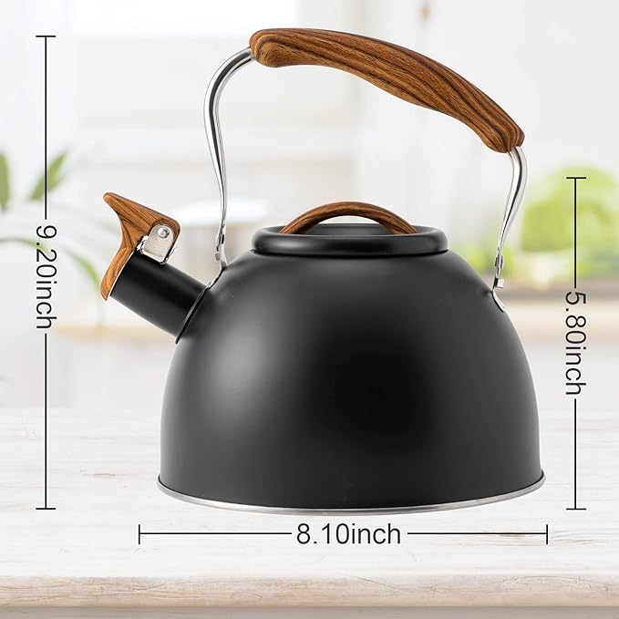 3.2 Quart Whistling Tea Kettle for Stove Top Stainless Steel Tea Pots With Wood Pattern Anti-slip Handle, Black… - Bloomnest