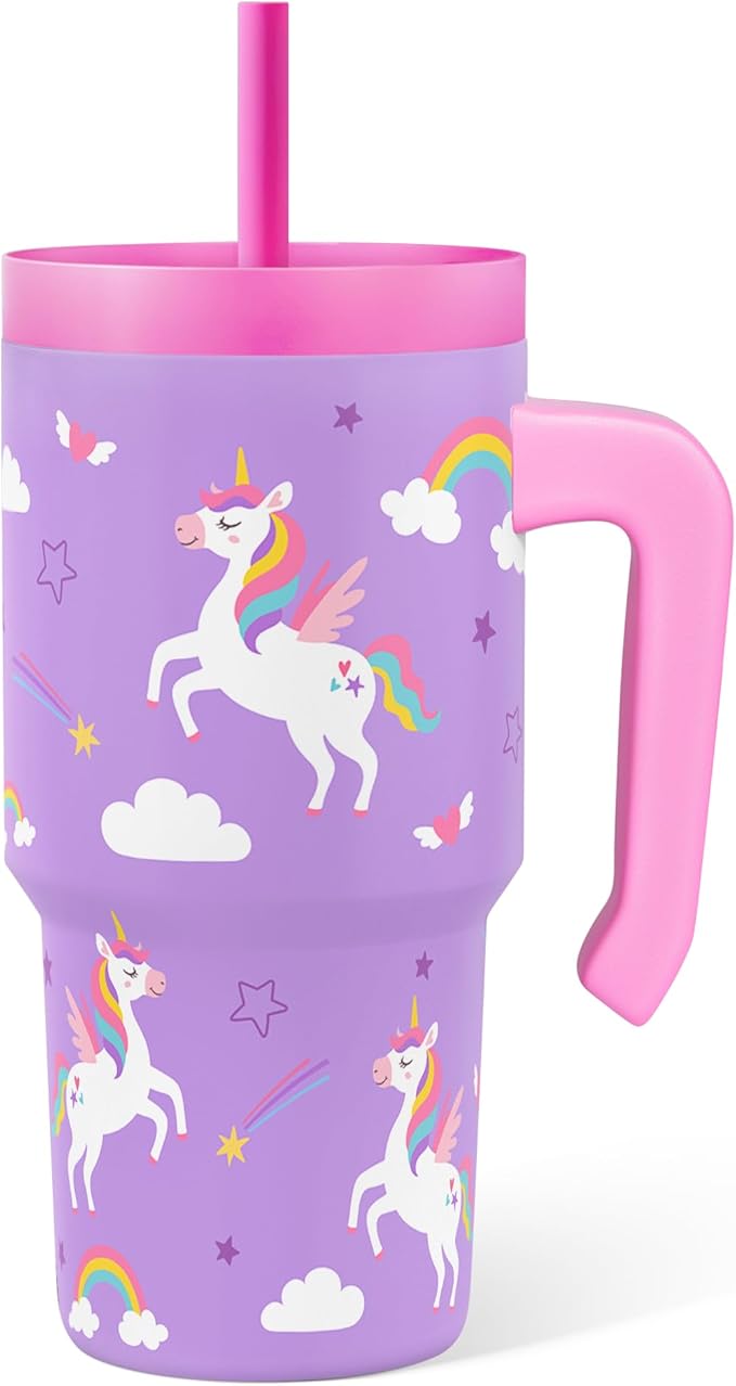 Unicorn Tumbler 20oz with Handle and Silicone Straw Lid for Kid, Insulated Stainless Steel Cup, Gift for Kids Girls, Gifts Idea for Birthday Christmas Back to School - Bloomnest