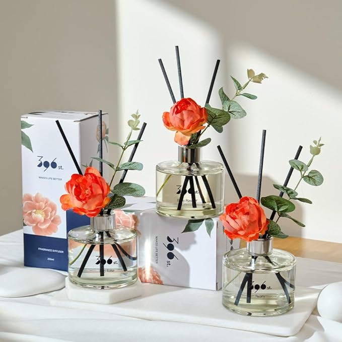 396 st. Peony Flower Reed Diffuser, White Musk, 200ml(6.7oz) / Reed Diffuser Sets, Home Fragrance, Scented Oils, Home & Bathroom Décor