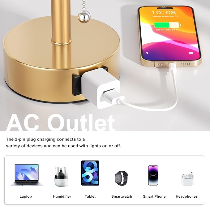 Fenmzee Gold Bedside Table Lamps Set of 2-3 Color Temperatures Pull Chain Lamp with AC Outlet Charging Port, Two Round Night Stand Lamps for Bedroom Office Living Room - Bloomnest