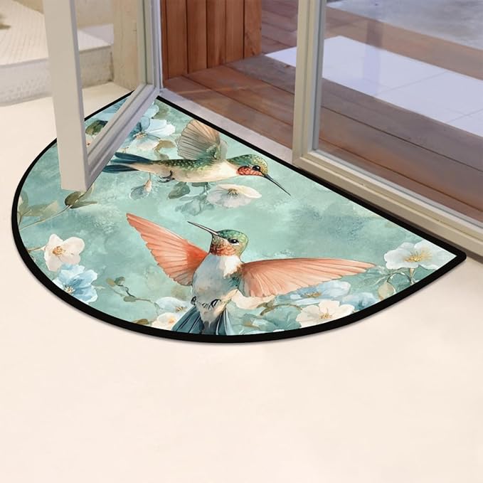 Half Round Door Mat, Teal Hummingbirds and Flowers Half Circle Rug for Home Decor Floor Indoor Outdoor Non-Slip Washable Half Moon Rug Doormat 36X24 Inch - Bloomnest