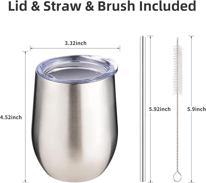12 oz Insulated Wine Tumbler with Lid and Straw,Stainless Steel Stemless Wine Tumbler Glasses Double Wall Vacuum Wine Cups Tumbler Bulk for Coffee,Champaign,Office(Silver,8) - Bloomnest