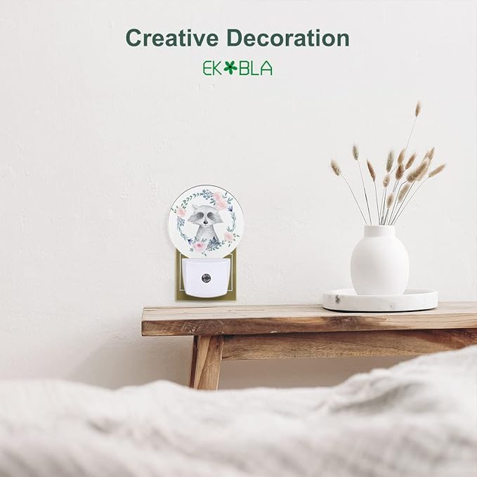 EKOBLA Raccoon Night Light Cute Animal Raccoon with Cool Rock N Roll Pose Night Lights Plug into Wall Auto Sensor Fun Funny LED Round Lamp for Men Women Boys Girls - Bloomnest