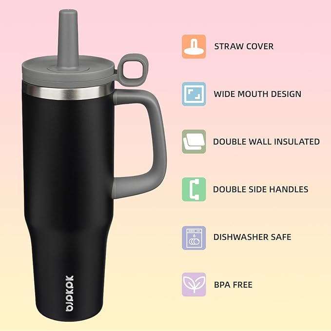 BJPKPK Insualted Tumblers with Handle and Straw 40oz Stianless Steel Travel Coffee Mug Thermal Cups with Lid,Black - Bloomnest