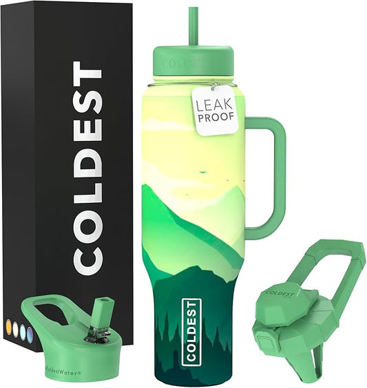 Coldest Tumbler with Handle and Straw - 100% Leak Proof Insulated Tumbler with Lid and Straw (3 Lids) - Stainless Steel Tumblers for Women & Men - Cup Holder Friendly Base, 46 oz (Happy Camper) - Bloomnest