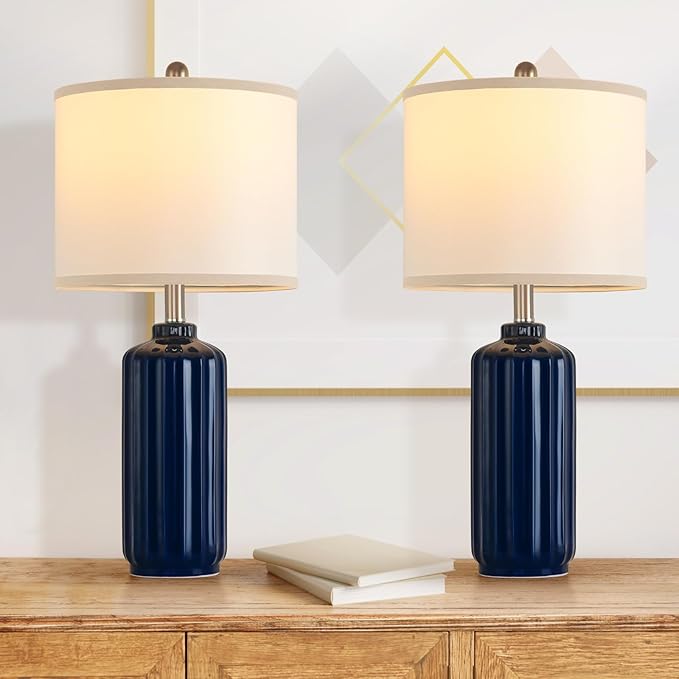 Lamp for Living Room Bedroom Lamps Farmhouse Table Lamps Set of 2 Vertical Stripe Ceramic Table Lamp,Linen Shade with Bulb, 25 in High,Navy Blue - Bloomnest
