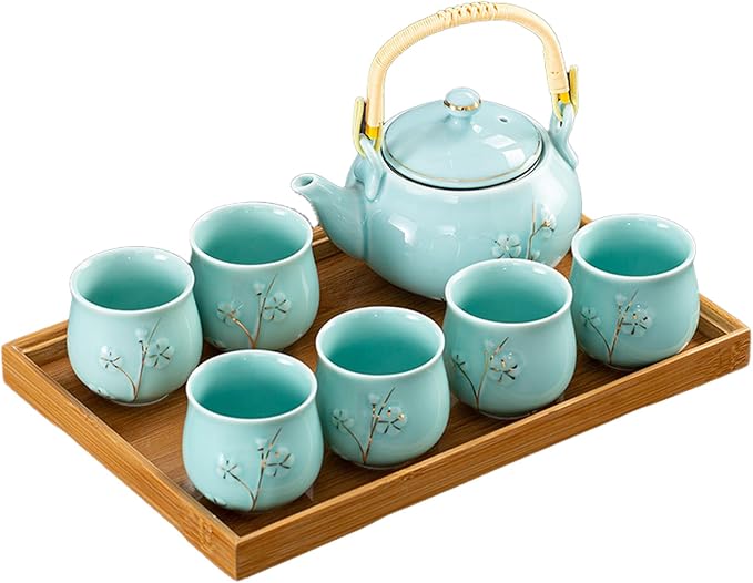 KEYDUACU Japanese Tea Set, Kiln-Formed Ceramic TeaSet, Plum Blossom Embossed, Includes 1 Teapot, 6 Teacups,Tea Tray,Strainer, Used for home, outdoor, gift, Chinese Kung Fu Tea Sets(FDMH-CYAN-MU) - Bloomnest